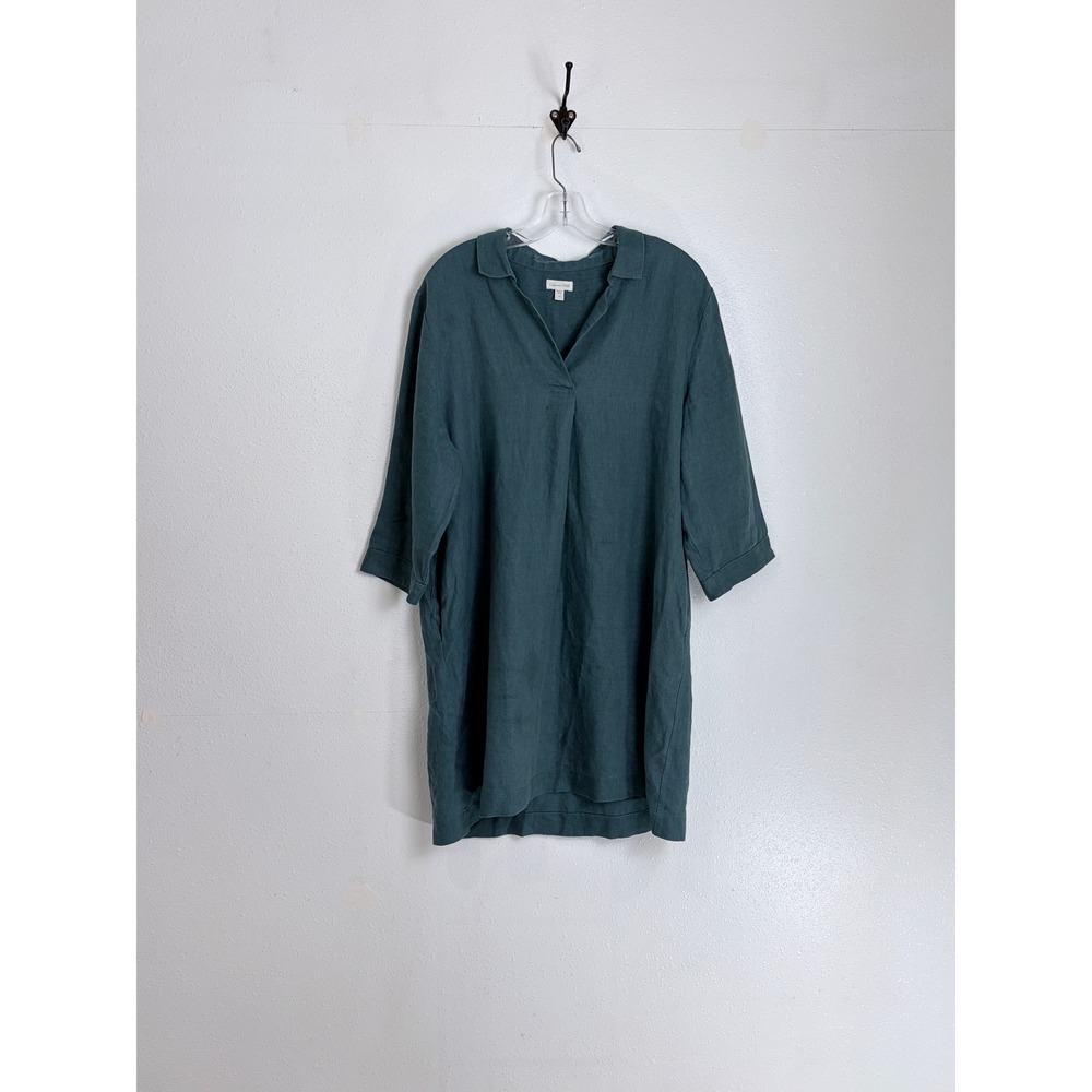 Garnet Hill Teal Linen Shift Dress Short Sleeve Split Neck Pockets M Lagenlook